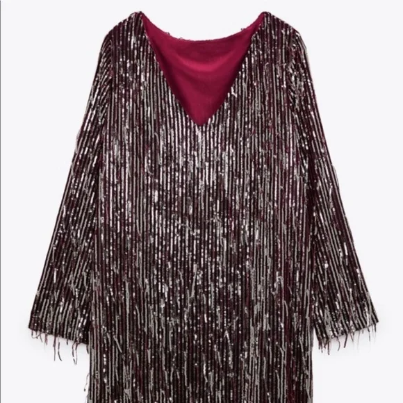 NWT Zara Fringe Sequin Mini Dress, Burgundy - Picture 2 of 5